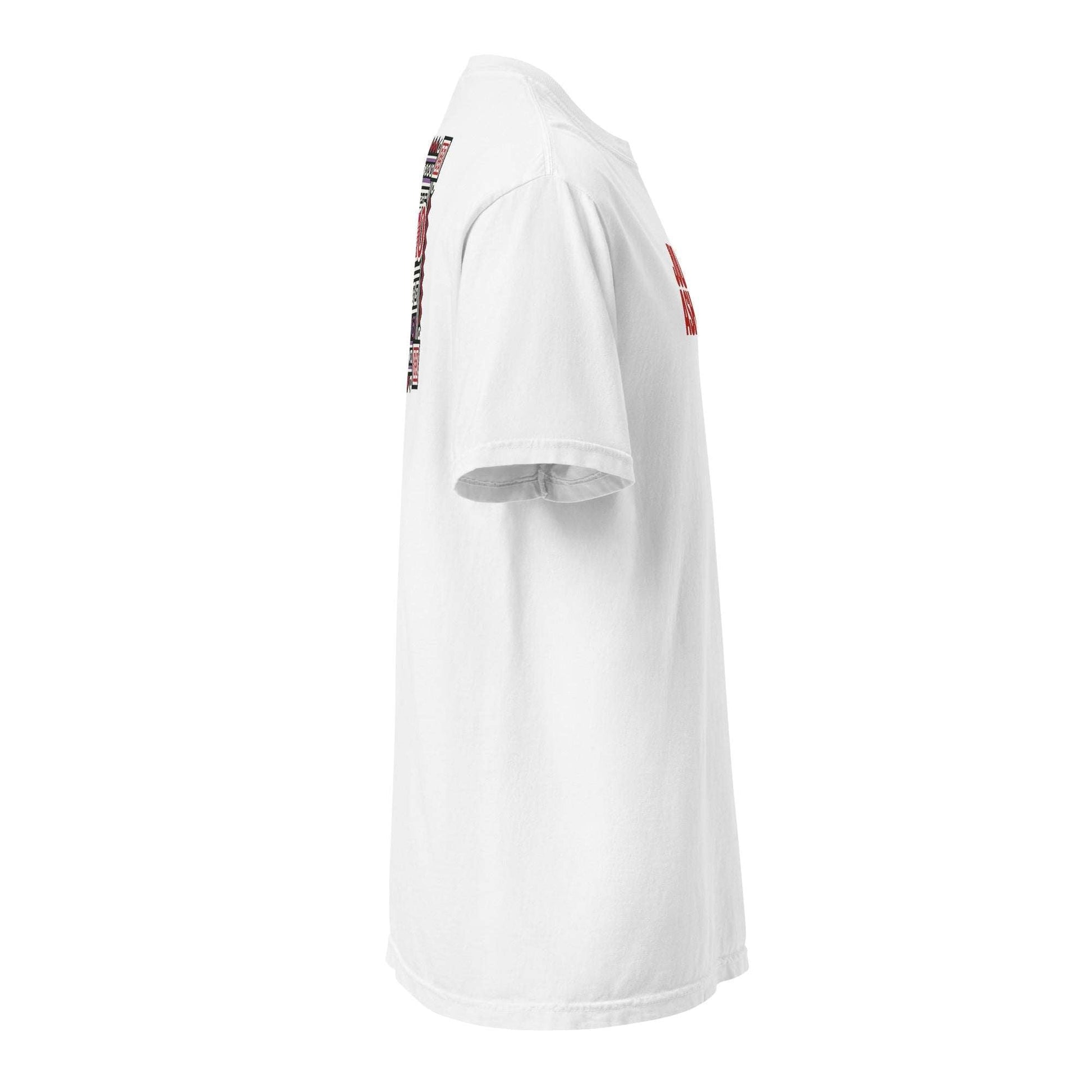 Side view of white Fresno Hmong Tribute Tee with traditional Hmong-inspired patterns and unisex fit