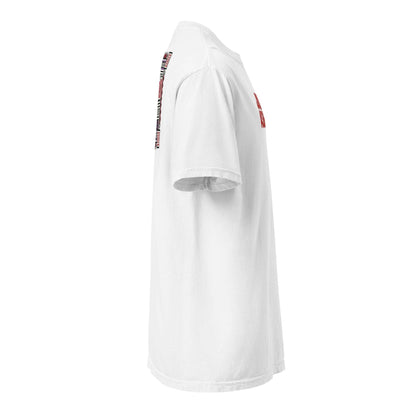 Side view of white Fresno Hmong Tribute Tee with traditional Hmong-inspired patterns and unisex fit