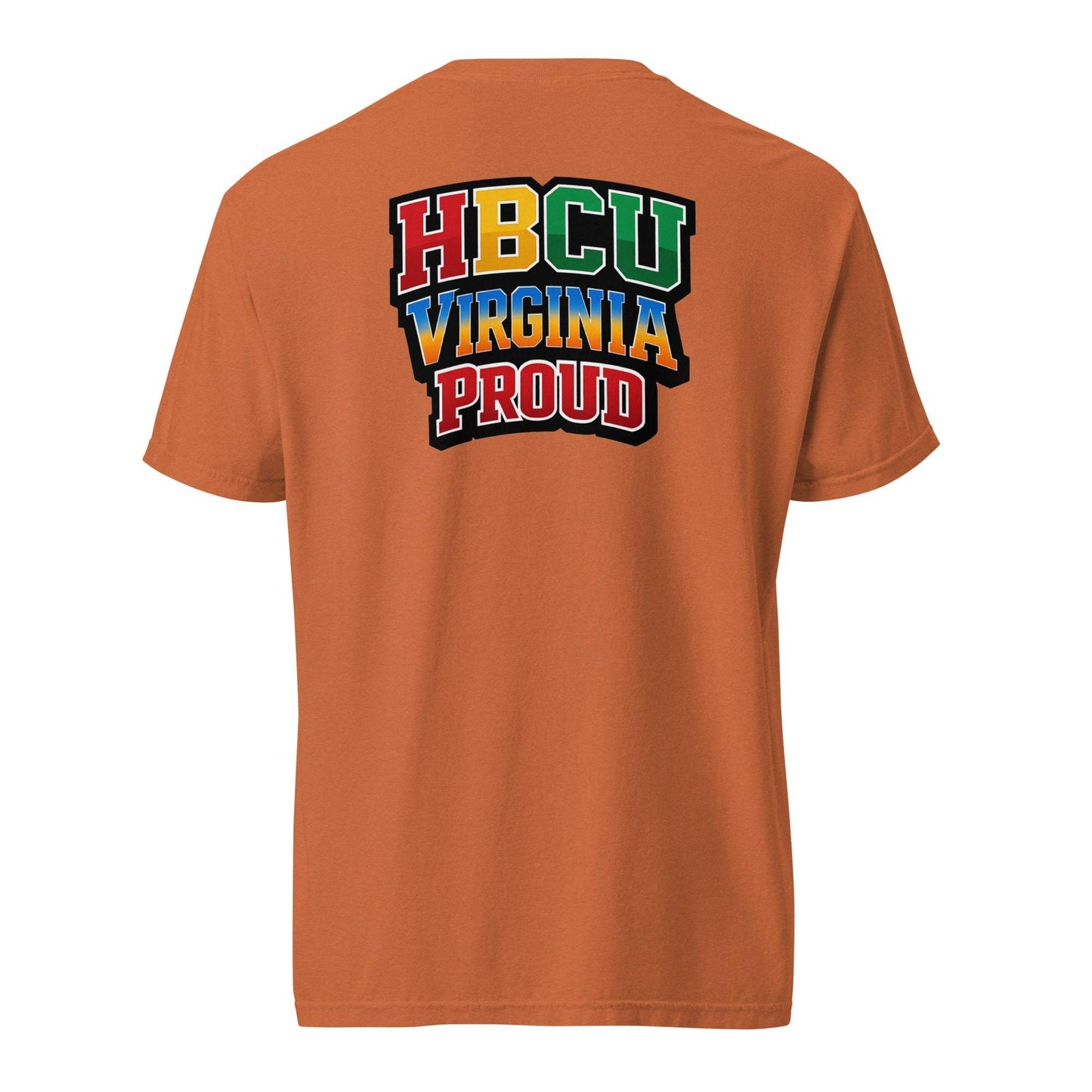 HBCU Virginia Proud stacked logo tee in red, gold, green, blue-to-orange gradient on orange shirt