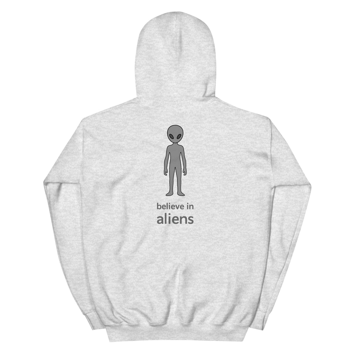 Believe in Aliens Hoodie grey unisex soft cozy cotton blend hoodie with alien graphic on back