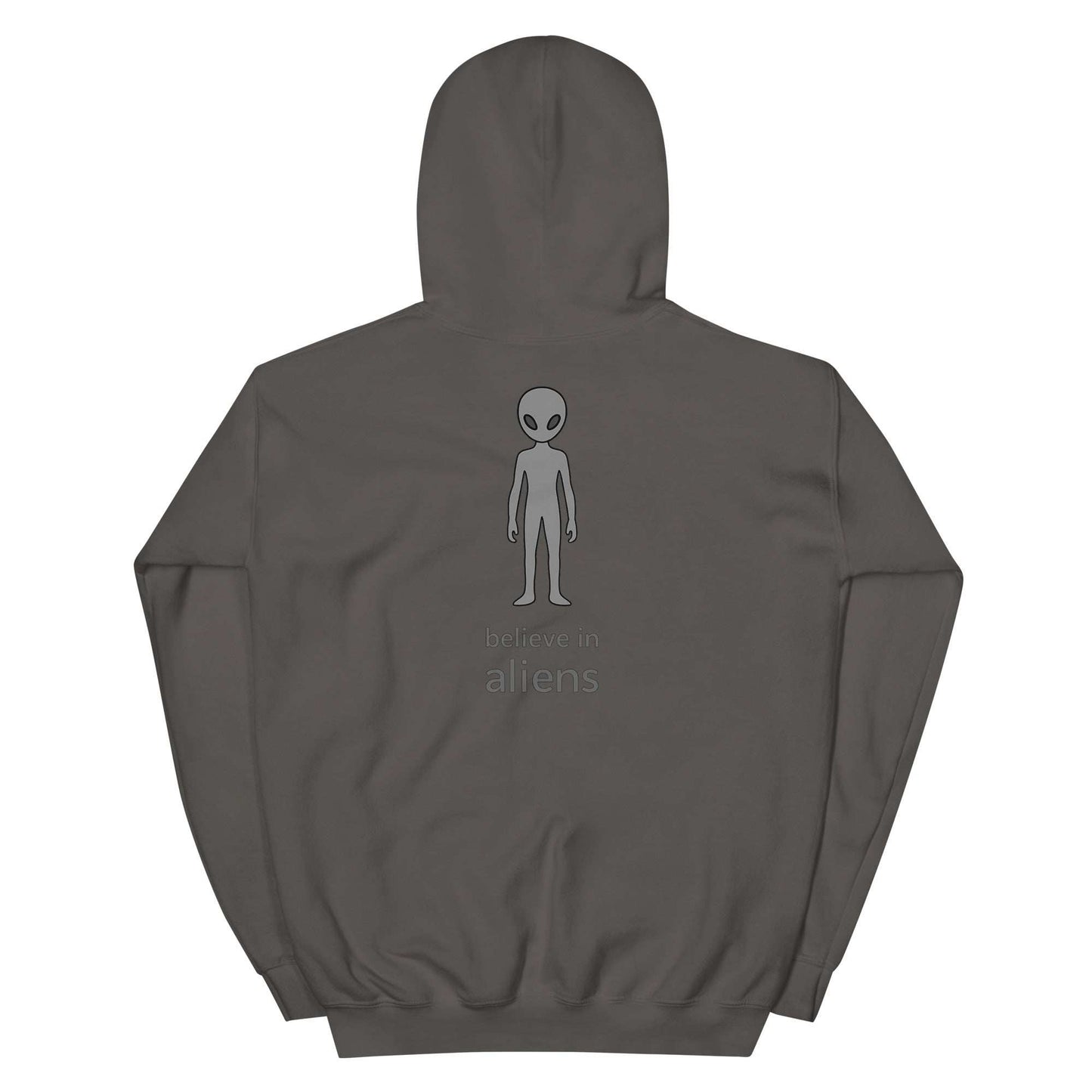 back view of dark gray Believe in Aliens hoodie with alien graphic and text