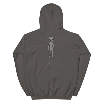 back view of dark gray Believe in Aliens hoodie with alien graphic and text