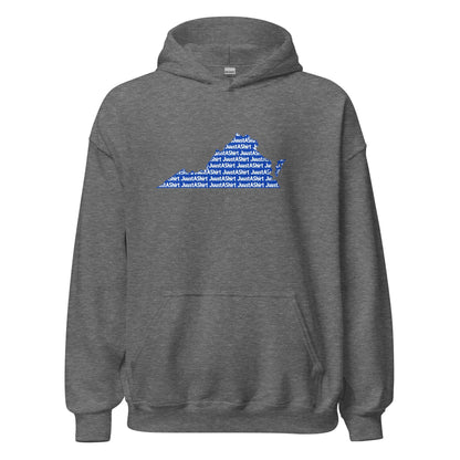 Gray Hampton Virginia unisex hoodie with blue state outline graphic and HBCU pride design