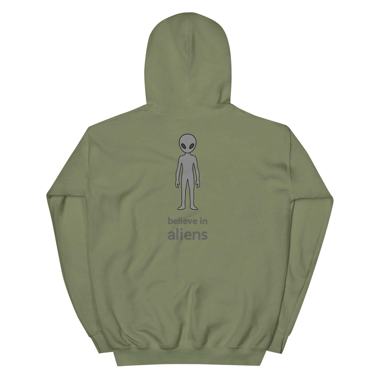 Believe in Aliens unisex hoodie in olive green with alien graphic and text on the back, soft cotton-poly blend, cozy and stylish.