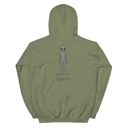 Believe in Aliens unisex hoodie in olive green with alien graphic and text on the back, soft cotton-poly blend, cozy and stylish.