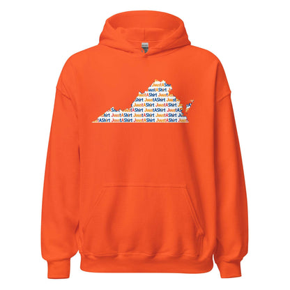 Virginia State Unisex Hoodie in bright orange with Virginia state design, soft cotton-poly blend, front pouch pocket, and double-lined hood