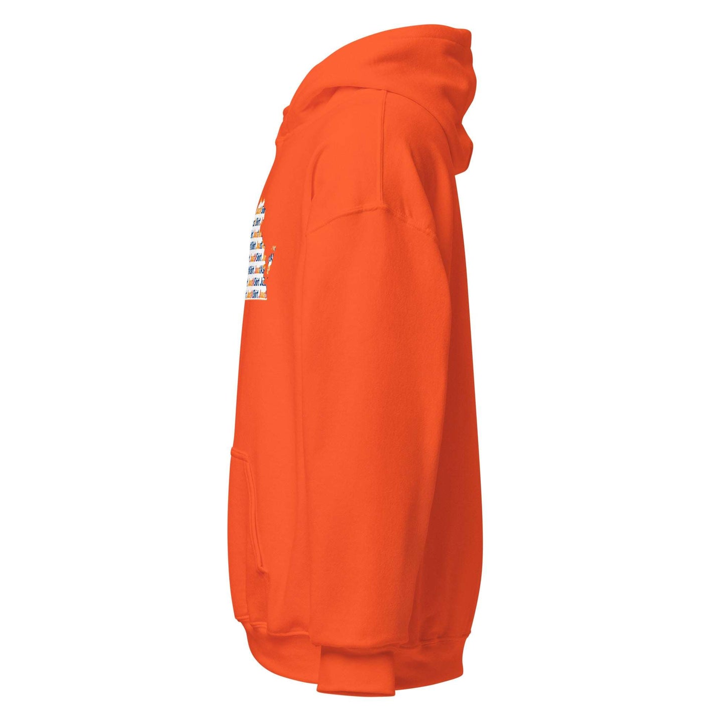 Orange Virginia State Unisex Hoodie side view with front pouch pocket and double-lined hood