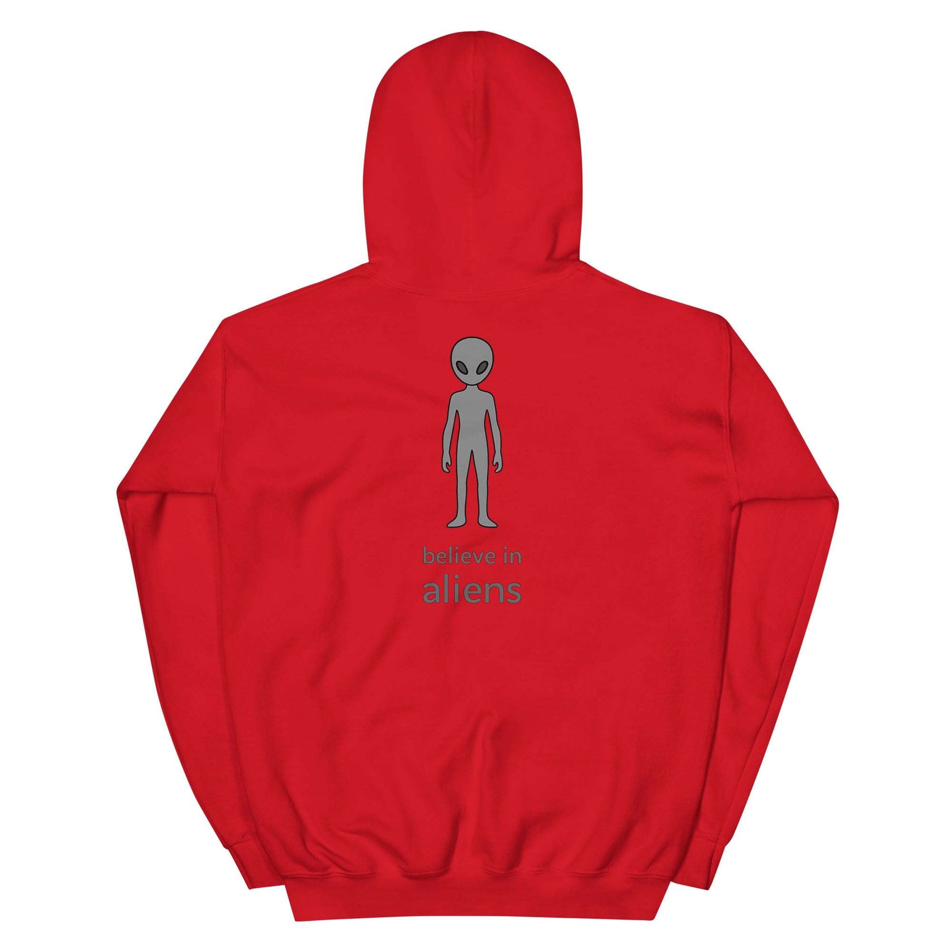 Red Believe in Aliens hoodie with alien graphic and text on back, unisex cozy pullover sweatshirt