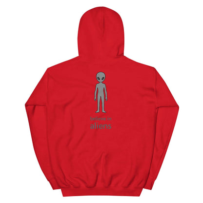 Red Believe in Aliens hoodie with alien graphic and text on back, unisex cozy pullover sweatshirt