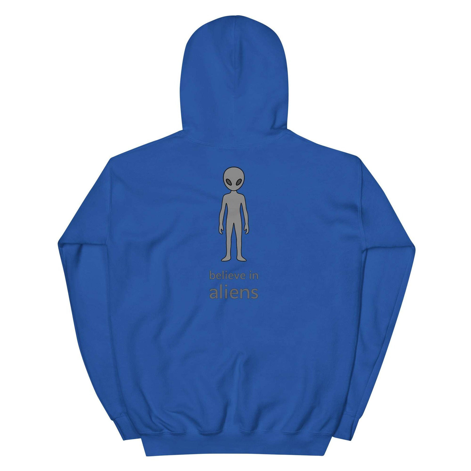 Blue unisex hoodie with alien graphic and "believe in aliens" text on back