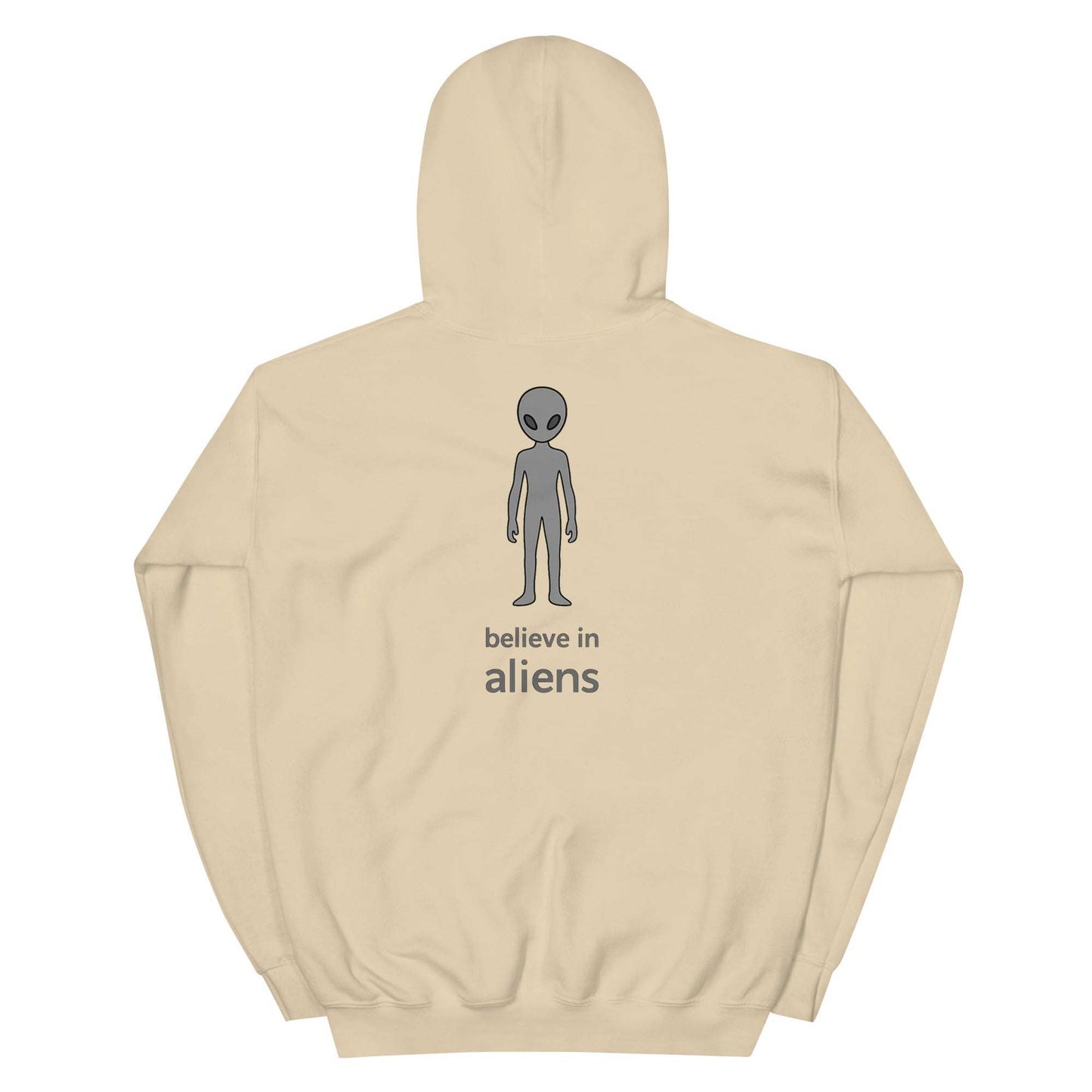 Beige hoodie with alien graphic and "believe in aliens" text on back, soft unisex cotton blend sweatshirt