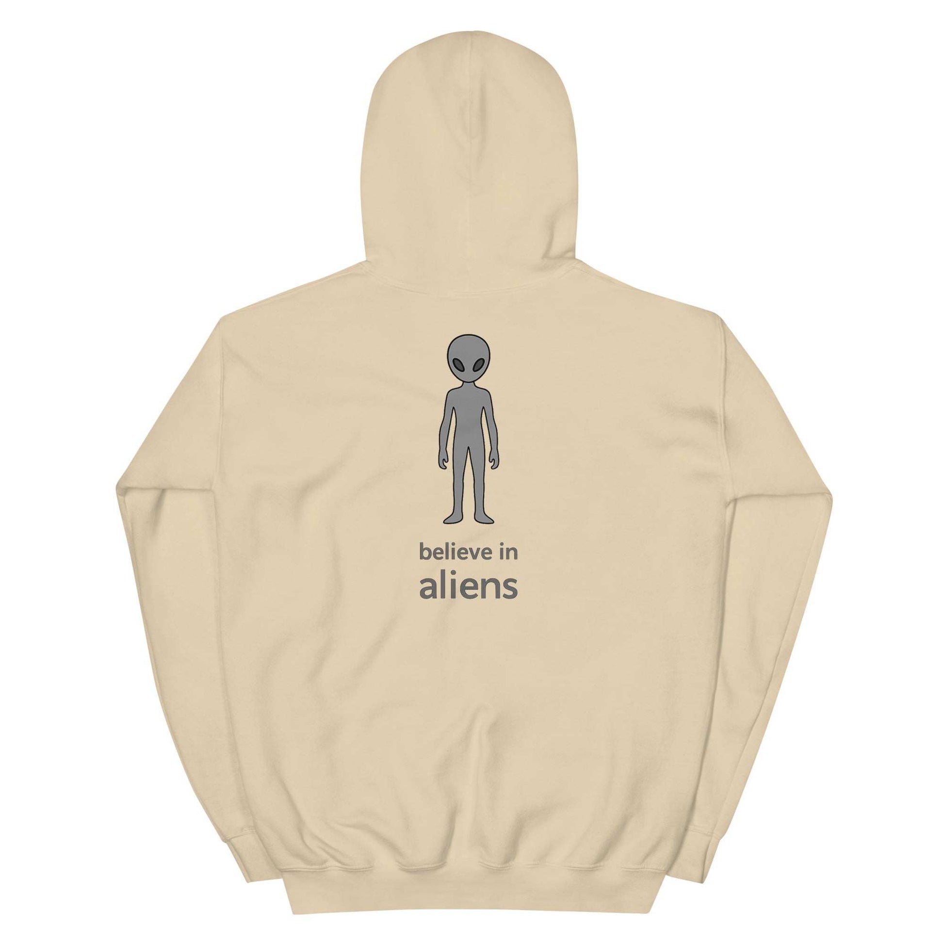 Beige hoodie with alien graphic and "believe in aliens" text on back, soft unisex cotton blend sweatshirt