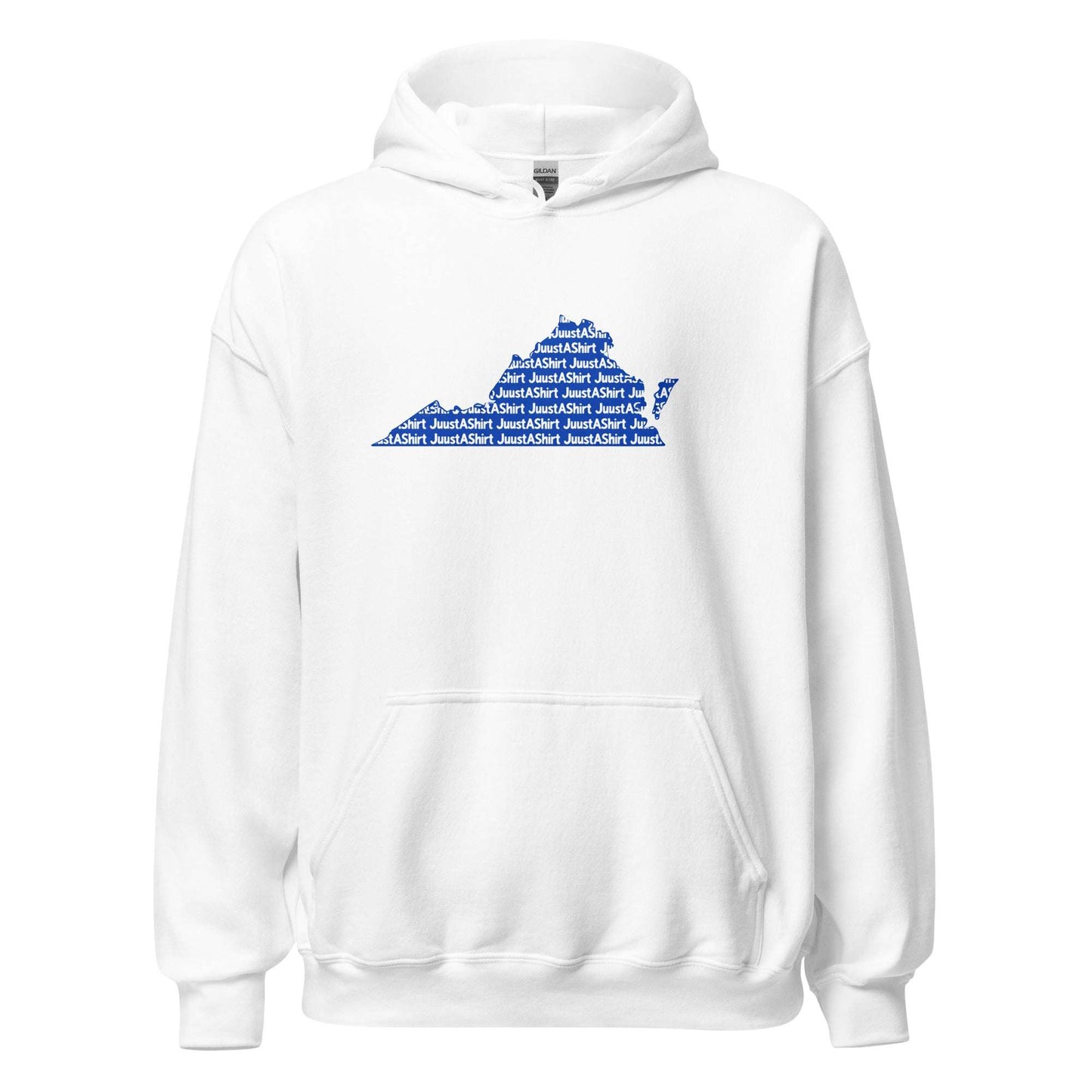 White unisex hoodie featuring a blue Hampton, Virginia state outline with "JuustAShirt" text pattern representing Hampton's HBCU pride and culture.