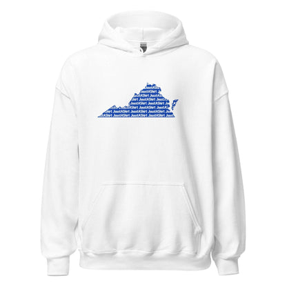 White unisex hoodie featuring a blue Hampton, Virginia state outline with "JuustAShirt" text pattern representing Hampton's HBCU pride and culture.