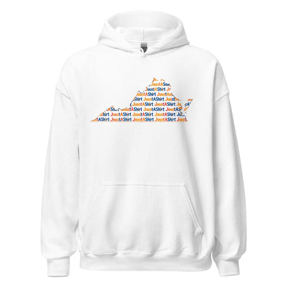White Virginia State unisex hoodie with graphic text design and front pouch pocket