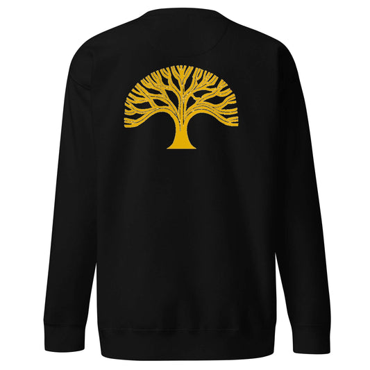 Black Oakland Tree Unisex sweatshirt with yellow tree graphic and ribbed crew neck