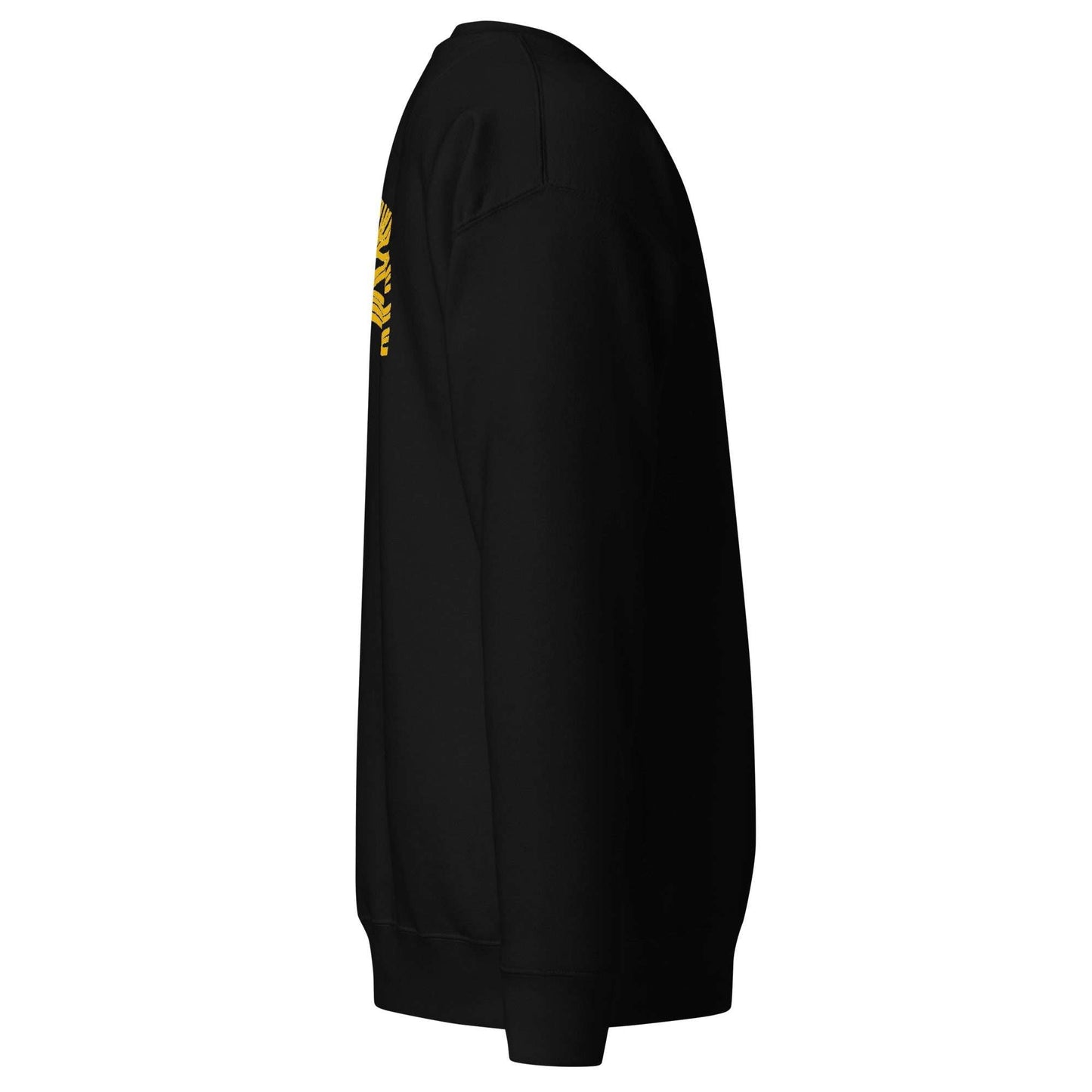 Oakland Tree Unisex premium black sweatshirt side view with ribbed cuffs and crew neck