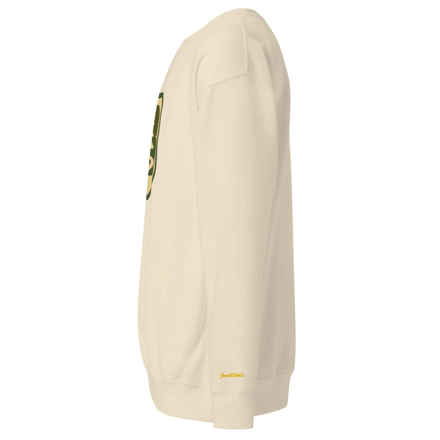 side view of 70s Boise unisex sweatshirt in cream with ribbed crew neck and cuffs