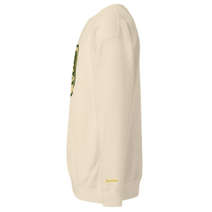 side view of 70s Boise unisex sweatshirt in cream with ribbed crew neck and cuffs