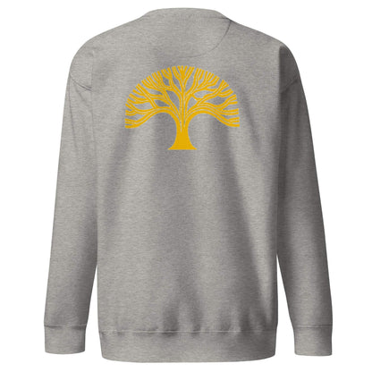 Oakland Tree Unisex premium charcoal heather sweatshirt with yellow tree graphic on back, ribbed cuffs and hem, soft fleece interior.