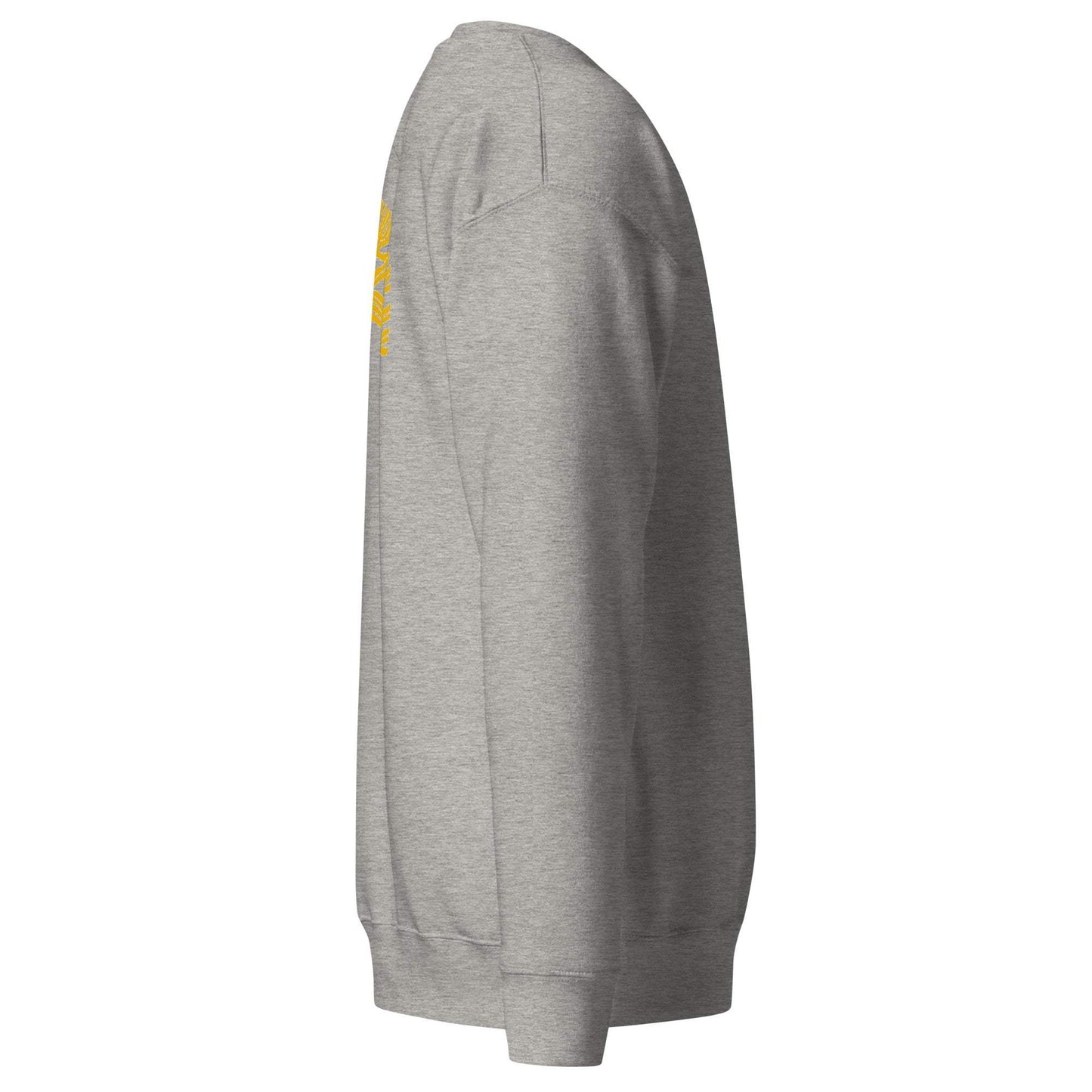 Oakland Tree Unisex premium grey sweatshirt side view with ribbed cuffs and crew neck
