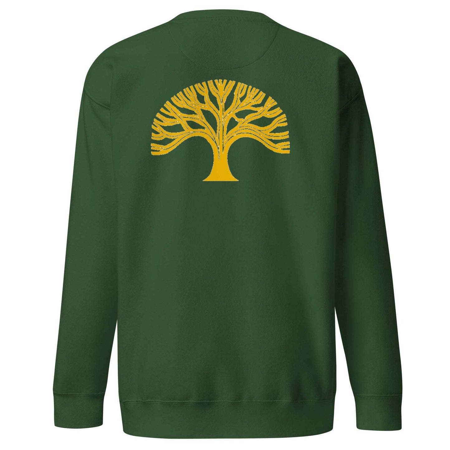 Oakland Tree Unisex premium green sweatshirt with yellow tree graphic on back, ribbed crew neck and cuffs, soft fleece interior, casual streetwear style