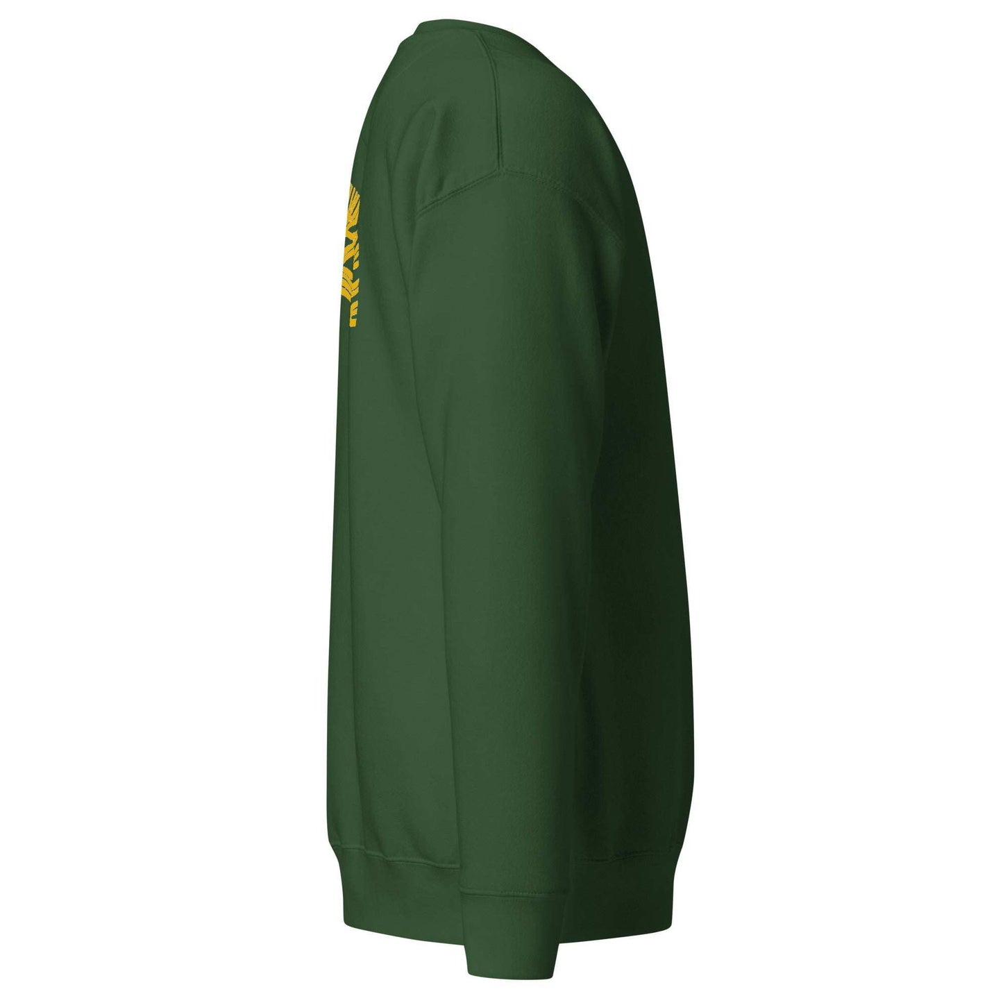 Oakland Tree Unisex green premium sweatshirt side view with ribbed cuffs and hem