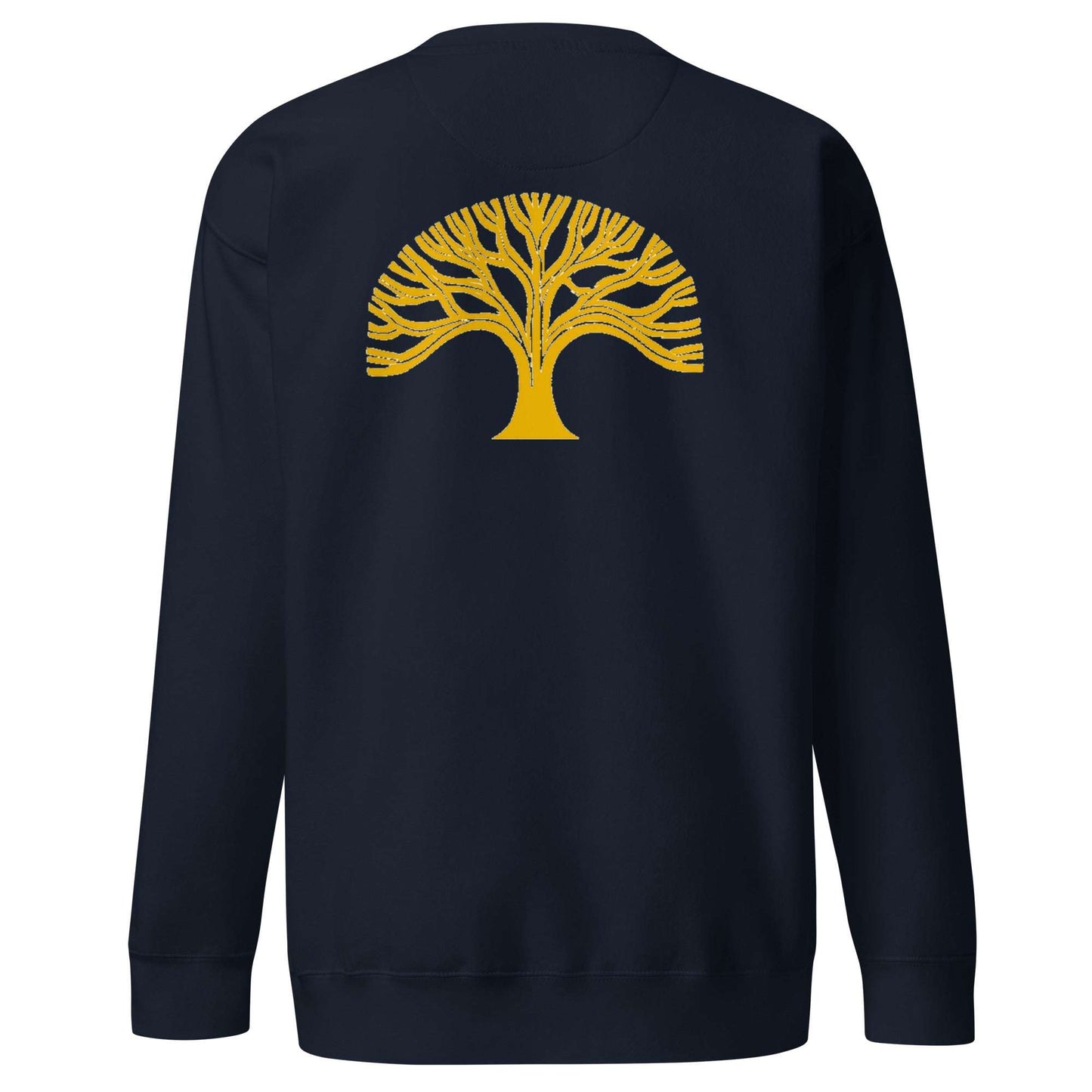 Oakland Tree Unisex premium sweatshirt with yellow tree graphic on navy crewneck fleece