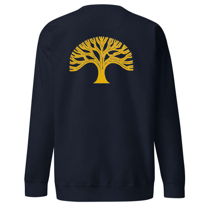 Oakland Tree Unisex premium sweatshirt with yellow tree graphic on navy crewneck fleece