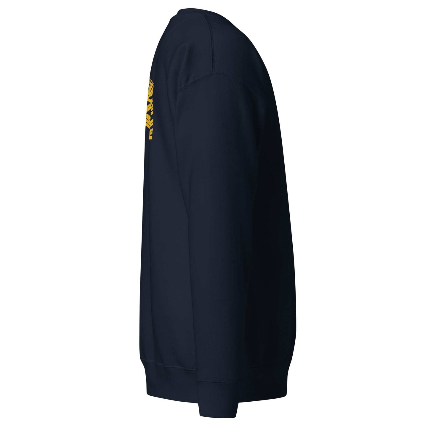 Oakland Tree Unisex navy blue premium sweatshirt side view with ribbed cuffs and hem