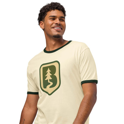 70s Boise Unisex ringer t-shirt in cream with green trim and graphic design, lightweight cotton, relaxed fit