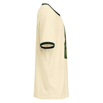 Side view of Idaho Unisex ringer t-shirt in cream with dark contrast neckline and sleeve trims