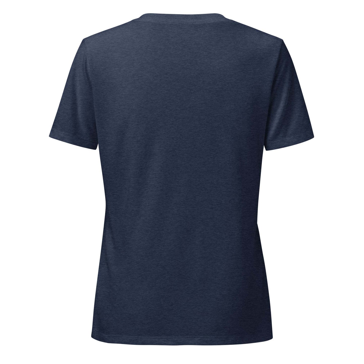 Back view of women's relaxed v-neck t-shirt in navy blue with soft fabric and side-seamed construction