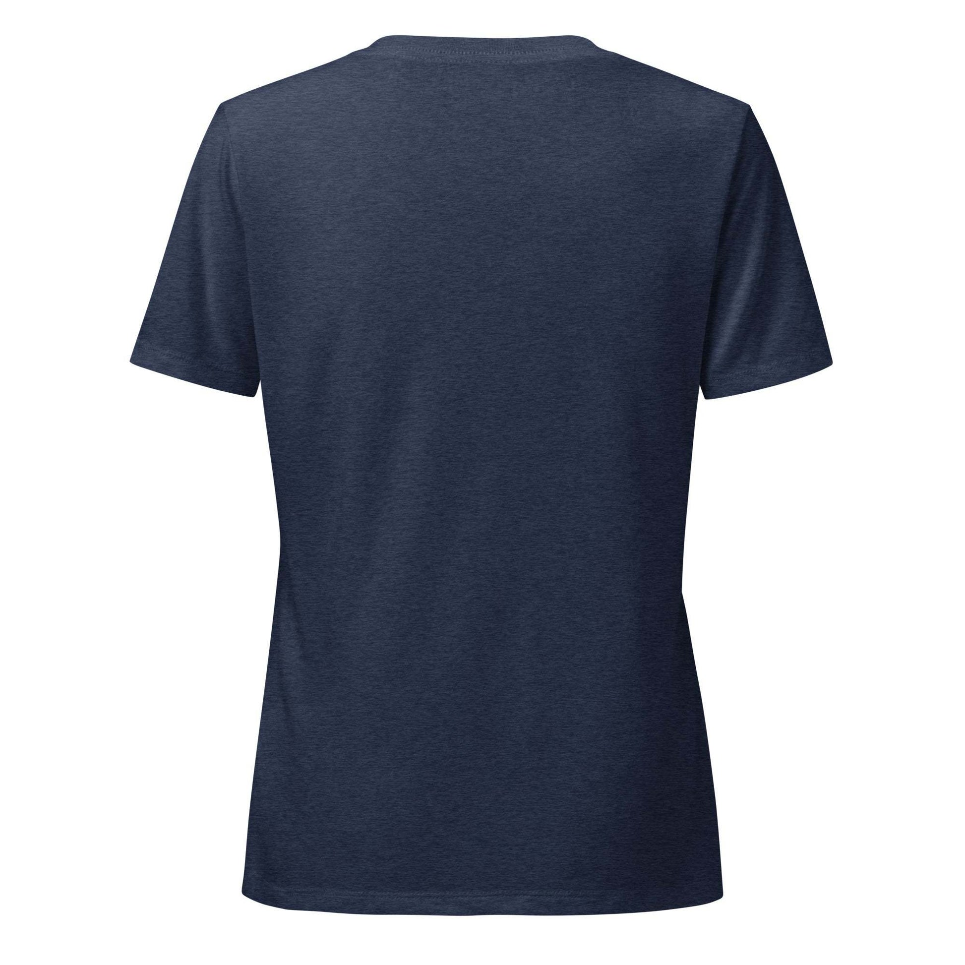 Back view of women's relaxed v-neck t-shirt in navy blue with soft fabric and side-seamed construction
