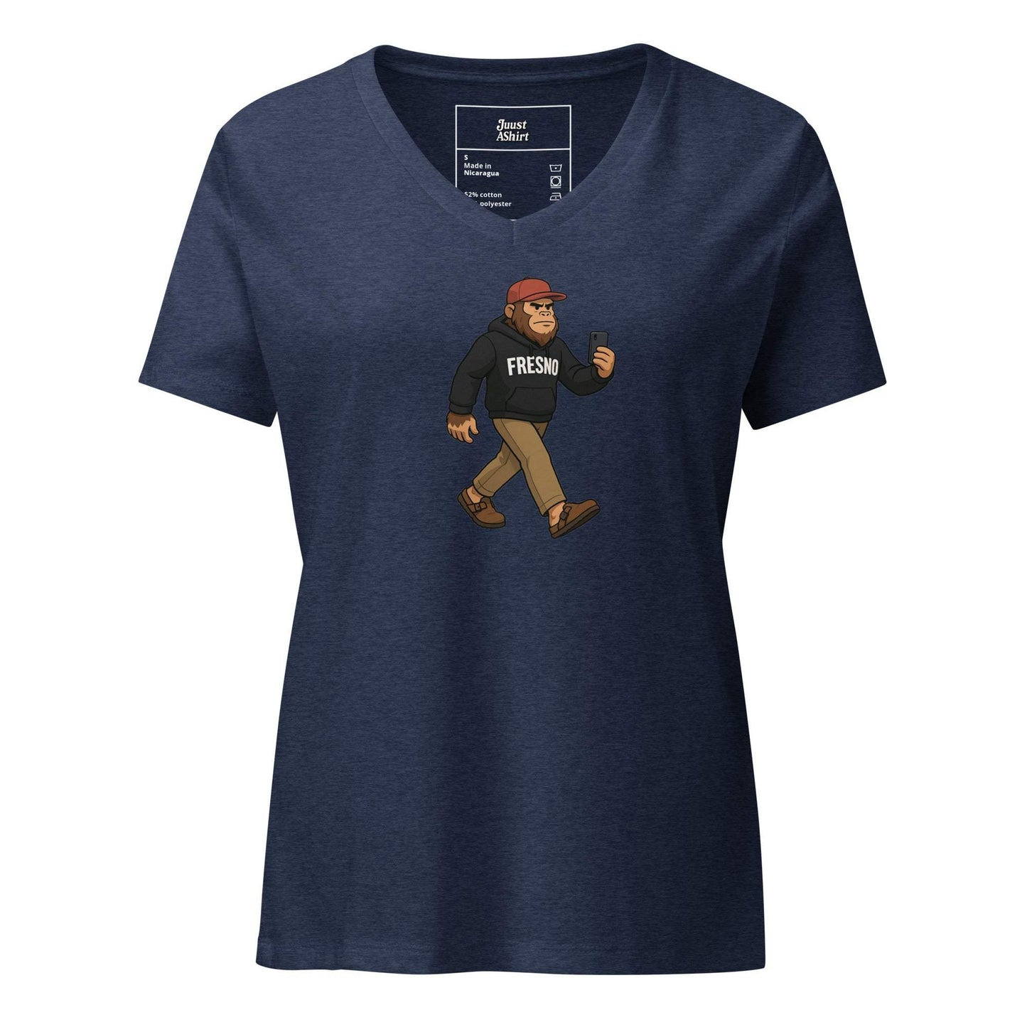 Women’s relaxed navy blue v-neck t-shirt with cartoon character graphic and soft fabric
