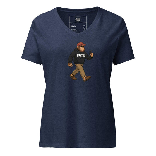 Women’s relaxed navy blue v-neck t-shirt with cartoon character graphic and soft fabric