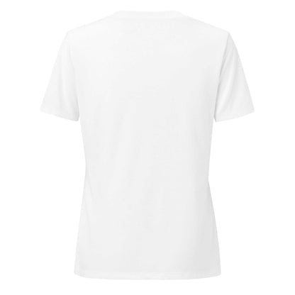 White women's relaxed v-neck t-shirt with soft fabric and side seams, back view