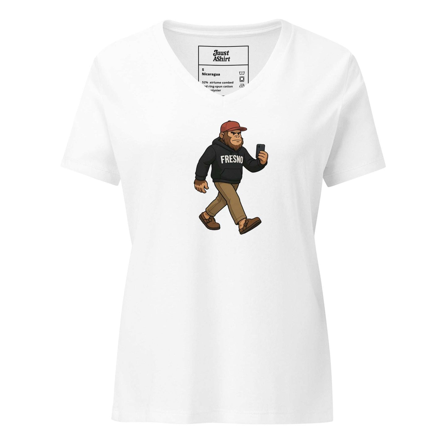 White women’s relaxed v-neck t-shirt with cartoon walking man graphic and polished casual style